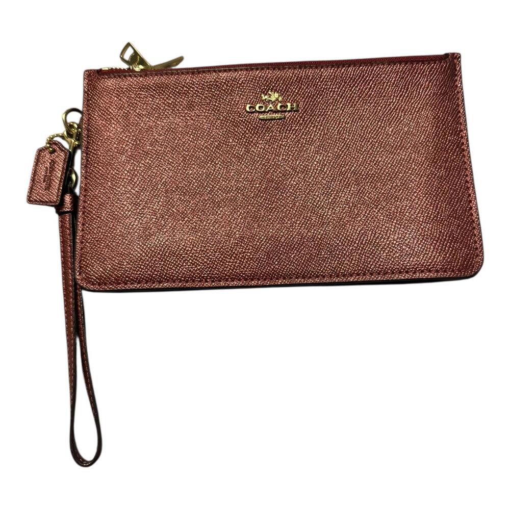 Coach Metallic Rose Gold Crossgrain Leather Double Zip Wristlet (2020s, Large)